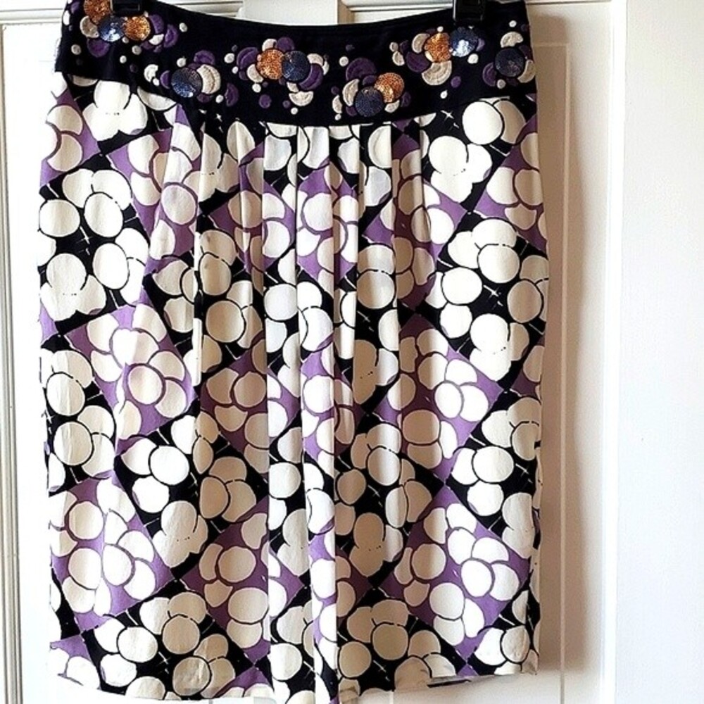 Anthropologie Black Purple Cream Embellished Pleated Mini Skirt